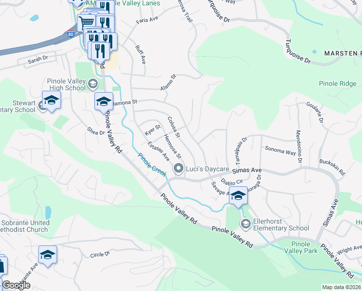 map of restaurants, bars, coffee shops, grocery stores, and more near 3245 Hermosa Street in Pinole