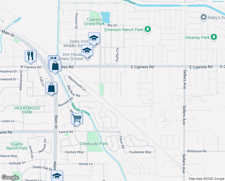 map of restaurants, bars, coffee shops, grocery stores, and more near 1113 Donatello Way in Oakley