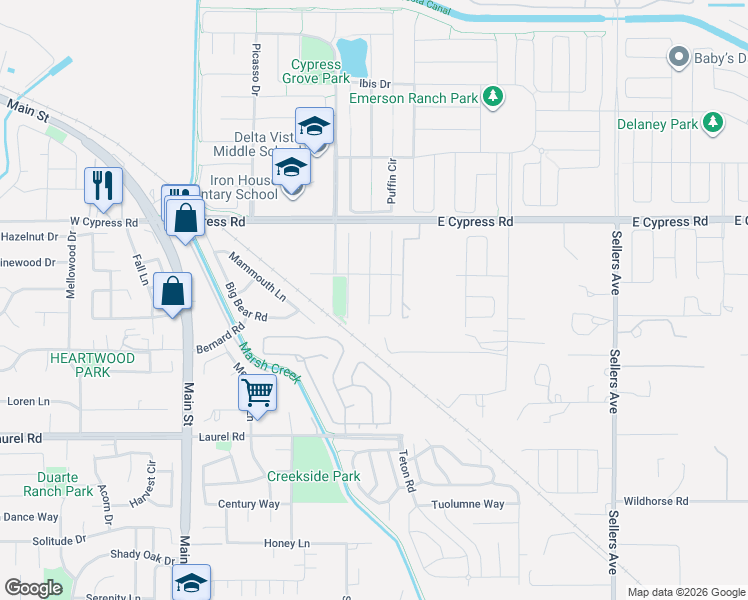 map of restaurants, bars, coffee shops, grocery stores, and more near 1113 Donatello Way in Oakley