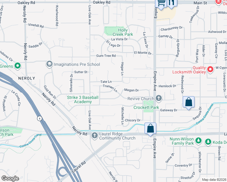 map of restaurants, bars, coffee shops, grocery stores, and more near 2117 Truman Lane in Oakley