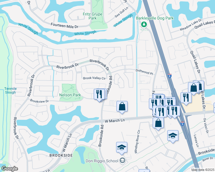 map of restaurants, bars, coffee shops, grocery stores, and more near 3335 Willowbrook Circle in Stockton