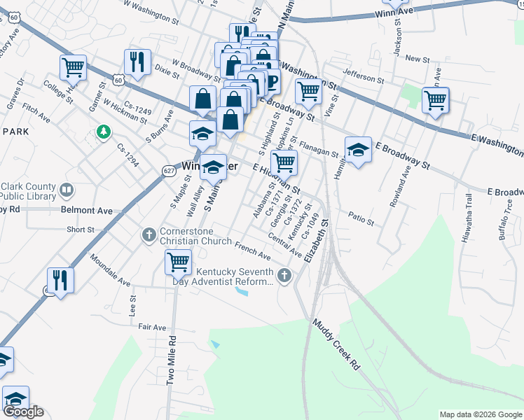 map of restaurants, bars, coffee shops, grocery stores, and more near 117 Alabama Street in Winchester