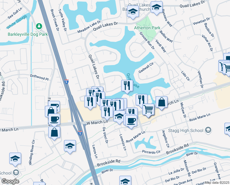 map of restaurants, bars, coffee shops, grocery stores, and more near 4432 Mallard Creek Circle in Stockton