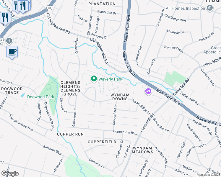 map of restaurants, bars, coffee shops, grocery stores, and more near 4248 Hampton Ridge in Lexington