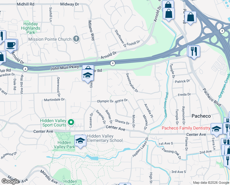 map of restaurants, bars, coffee shops, grocery stores, and more near 104 Fountainhead Court in Martinez