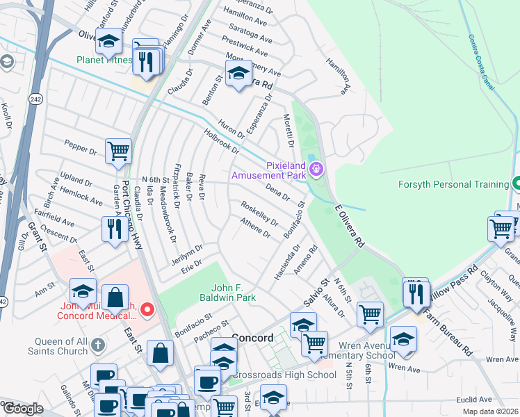 map of restaurants, bars, coffee shops, grocery stores, and more near 2140 Roskelley Drive in Concord