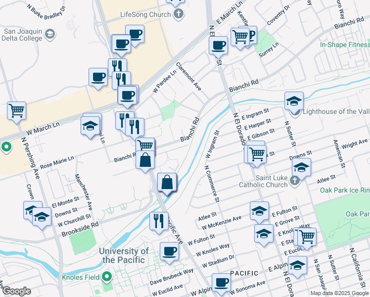 map of restaurants, bars, coffee shops, grocery stores, and more near 328 Northbank Court in Stockton
