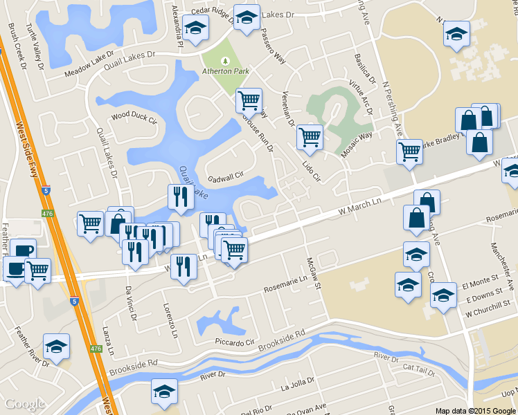 map of restaurants, bars, coffee shops, grocery stores, and more near 4777 Grouse Run Drive in Stockton