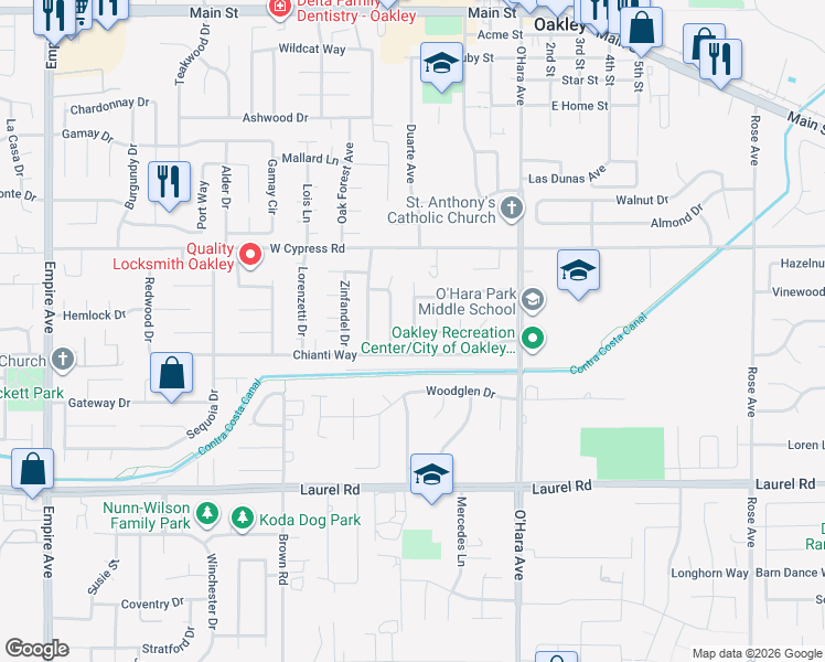 map of restaurants, bars, coffee shops, grocery stores, and more near 862 Chianti Way in Oakley