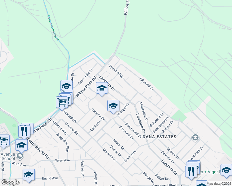 map of restaurants, bars, coffee shops, grocery stores, and more near 1861 Landana Drive in Concord