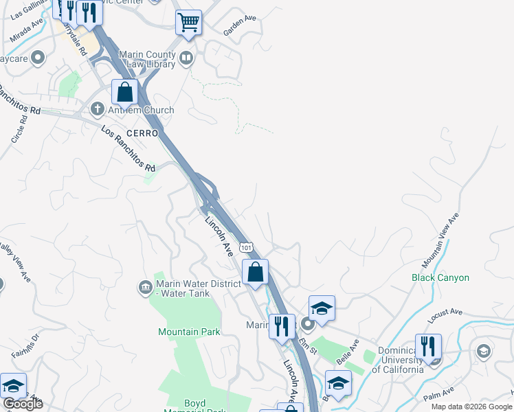 map of restaurants, bars, coffee shops, grocery stores, and more near 257 Glen Park Avenue in San Rafael