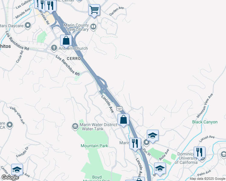 map of restaurants, bars, coffee shops, grocery stores, and more near 326 Glen Park Avenue in San Rafael
