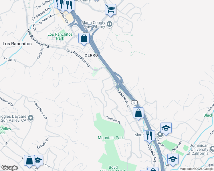 map of restaurants, bars, coffee shops, grocery stores, and more near 415 Prospect Drive in San Rafael
