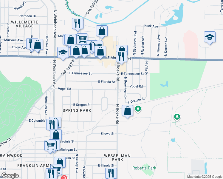 map of restaurants, bars, coffee shops, grocery stores, and more near 1118 North Boeke Road in Evansville
