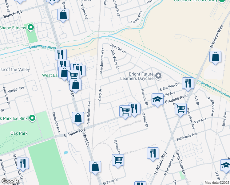 map of restaurants, bars, coffee shops, grocery stores, and more near 3605 Gloria Court in Stockton