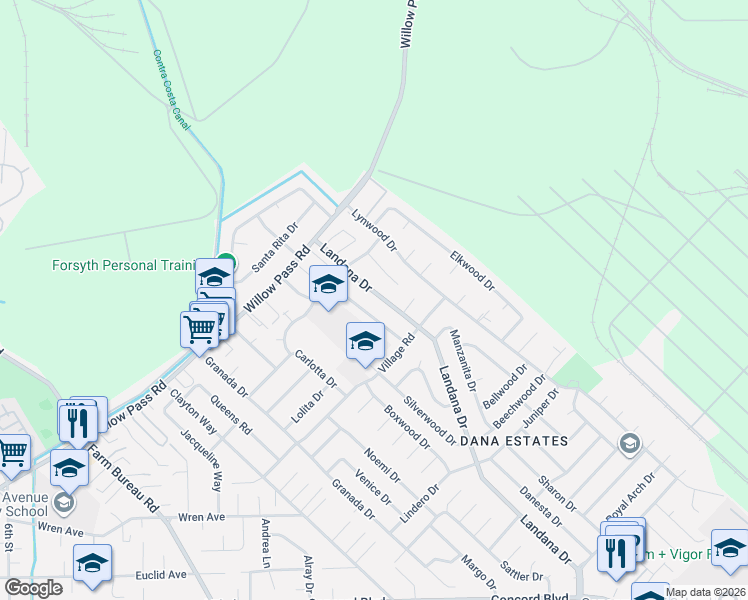 map of restaurants, bars, coffee shops, grocery stores, and more near 1861 Landana Drive in Concord