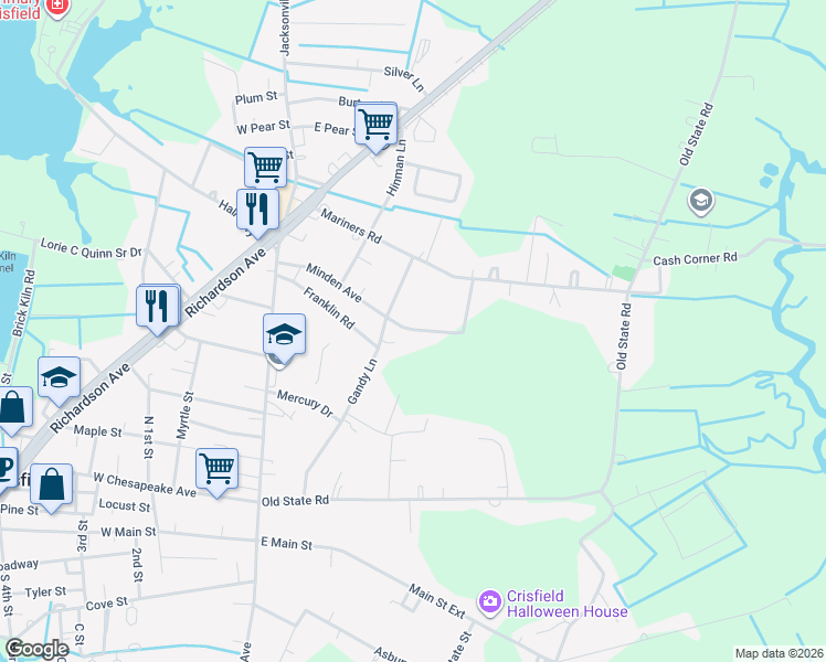 map of restaurants, bars, coffee shops, grocery stores, and more near 3835 Walt Thomas Drive in Crisfield