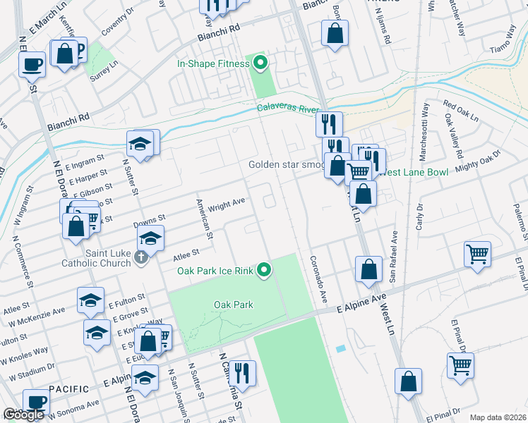 map of restaurants, bars, coffee shops, grocery stores, and more near 3841 Alvarado Avenue in Stockton