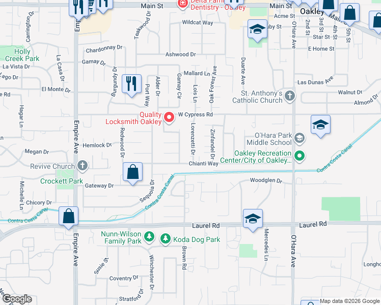 map of restaurants, bars, coffee shops, grocery stores, and more near 4300 Lorenzetti Drive in Oakley