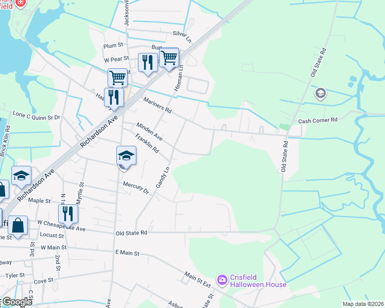map of restaurants, bars, coffee shops, grocery stores, and more near 3835 Walt Thomas Drive in Crisfield