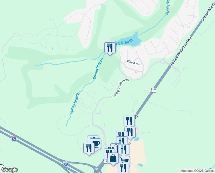 map of restaurants, bars, coffee shops, grocery stores, and more near 129 Timber Ridge Lane in Zion Crossroads