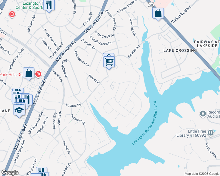 map of restaurants, bars, coffee shops, grocery stores, and more near 3228 Hunters Point Drive in Lexington