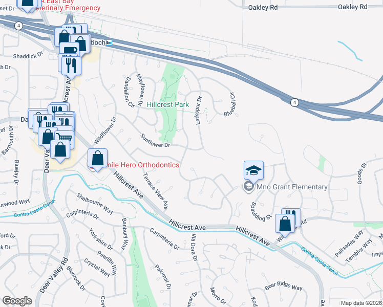 map of restaurants, bars, coffee shops, grocery stores, and more near 3124 Sunflower Drive in Antioch