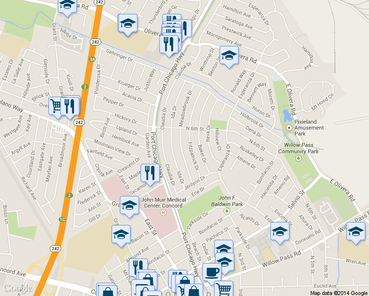 map of restaurants, bars, coffee shops, grocery stores, and more near 3160 Meadowbrook Drive in Concord