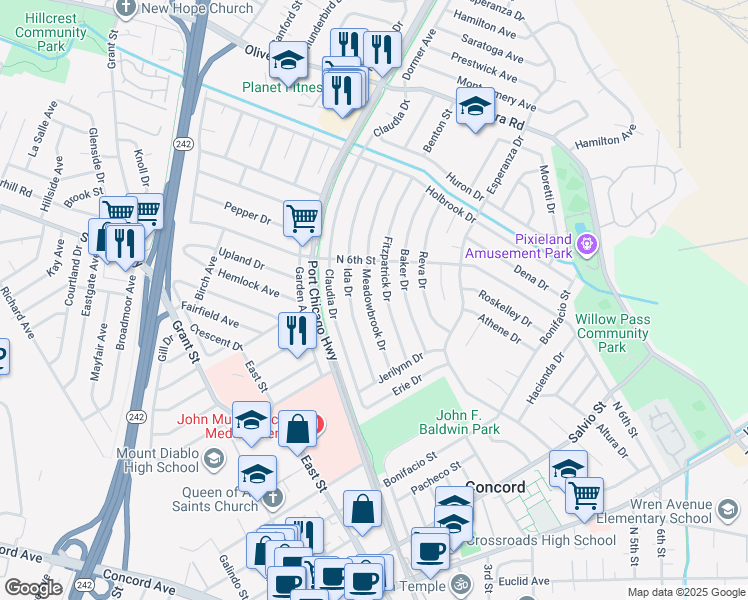 map of restaurants, bars, coffee shops, grocery stores, and more near 3160 Meadowbrook Drive in Concord