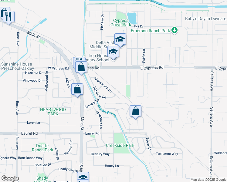 map of restaurants, bars, coffee shops, grocery stores, and more near 4826 Mammouth Lane in Oakley