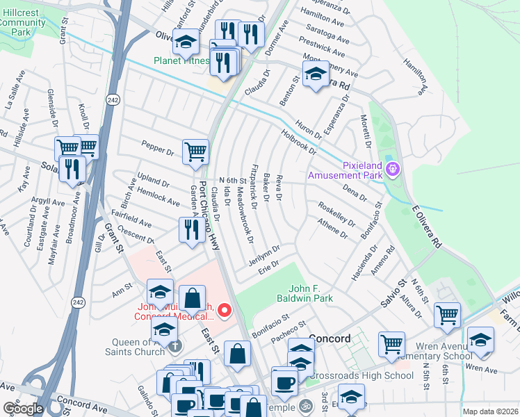 map of restaurants, bars, coffee shops, grocery stores, and more near 3139 Baker Drive in Concord