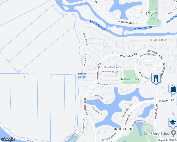 map of restaurants, bars, coffee shops, grocery stores, and more near 5549 Vintage Circle in Stockton