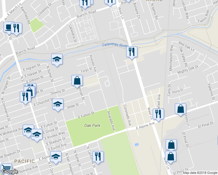map of restaurants, bars, coffee shops, grocery stores, and more near 3911 Monique Circle in Stockton