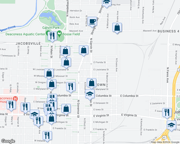 map of restaurants, bars, coffee shops, grocery stores, and more near 1118 North Garvin Street in Evansville