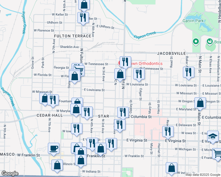 map of restaurants, bars, coffee shops, grocery stores, and more near 915 West Missouri Street in Evansville