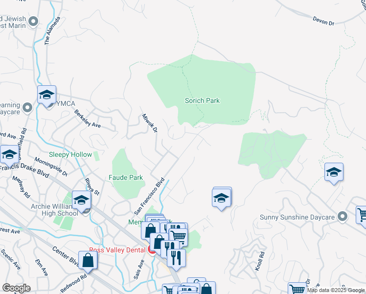 map of restaurants, bars, coffee shops, grocery stores, and more near 325 San Francisco Boulevard in San Anselmo