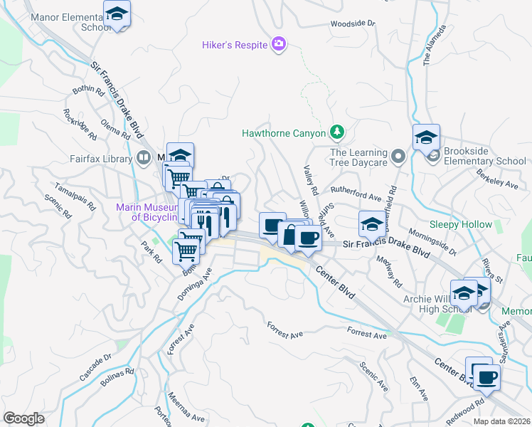 map of restaurants, bars, coffee shops, grocery stores, and more near 125 Live Oak Avenue in Fairfax