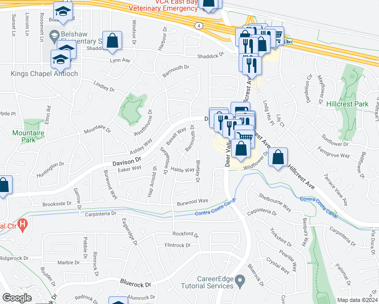 map of restaurants, bars, coffee shops, grocery stores, and more near 3341 Barmouth Drive in Antioch