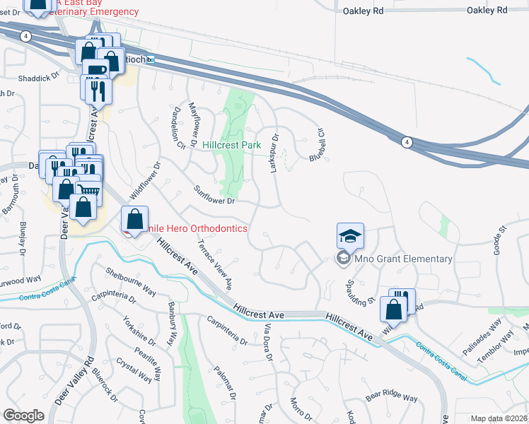 map of restaurants, bars, coffee shops, grocery stores, and more near 3124 Sunflower Drive in Antioch