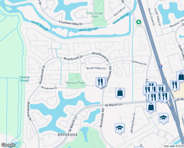 map of restaurants, bars, coffee shops, grocery stores, and more near 3388 Willowbrook Circle in Stockton