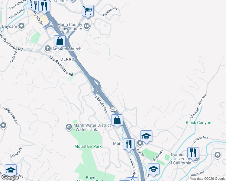 map of restaurants, bars, coffee shops, grocery stores, and more near 257 Glen Park Avenue in San Rafael