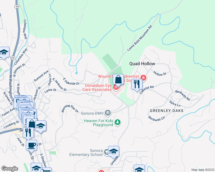 map of restaurants, bars, coffee shops, grocery stores, and more near 801 Lyons Bald Mountain Road in Sonora