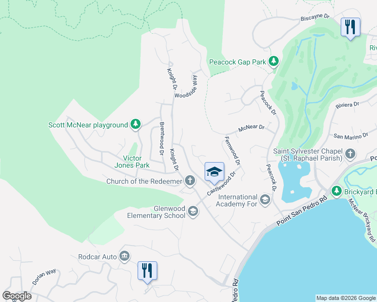 map of restaurants, bars, coffee shops, grocery stores, and more near 28 Cottonwood Drive in San Rafael