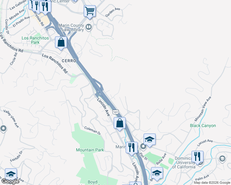 map of restaurants, bars, coffee shops, grocery stores, and more near 257 Glen Park Avenue in San Rafael