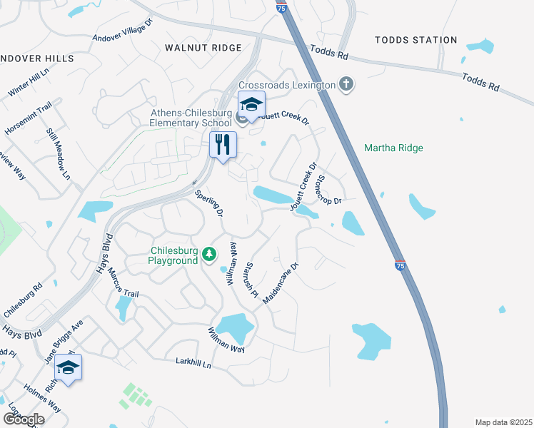 map of restaurants, bars, coffee shops, grocery stores, and more near 4113 Starrush Place in Lexington