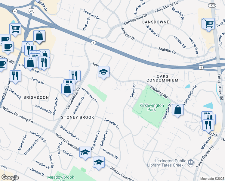 map of restaurants, bars, coffee shops, grocery stores, and more near 3501 Laredo Drive in Lexington