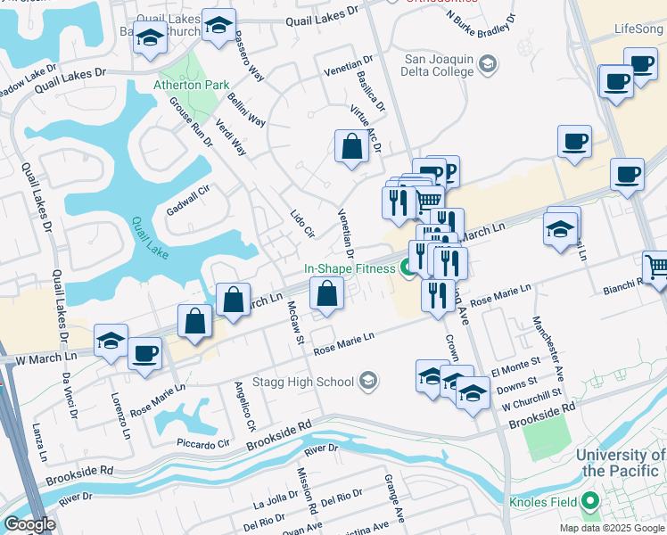 map of restaurants, bars, coffee shops, grocery stores, and more near 1776-1898 W March Ln in Stockton