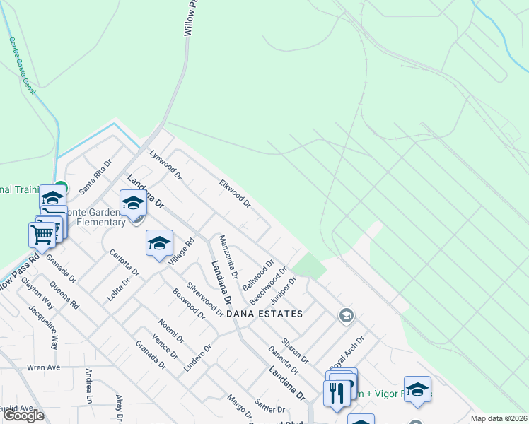 map of restaurants, bars, coffee shops, grocery stores, and more near 1812 Elkwood Drive in Concord