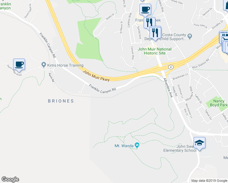 map of restaurants, bars, coffee shops, grocery stores, and more near 1451 Franklin Canyon Road in Martinez