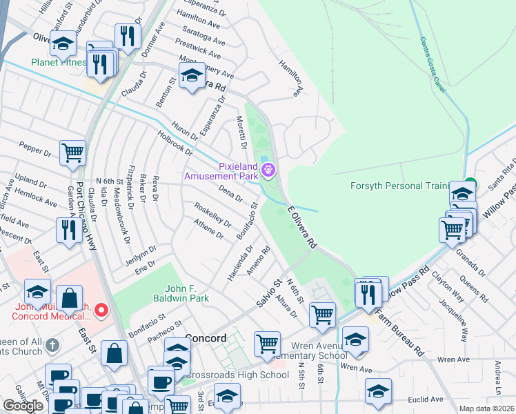 map of restaurants, bars, coffee shops, grocery stores, and more near 2064 North 6th Street in Concord